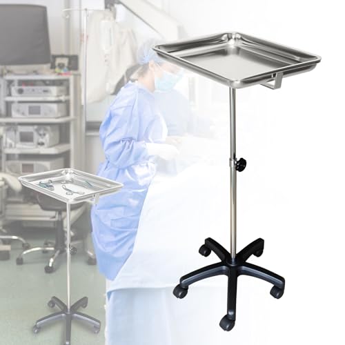 MENURSY Mayo Instrument Stand, Mobile Rolltisch für Zahnmedizin, Veterinärmedizin, Haustierkliniken Zubehör - Verstellbare Höhe 35 -51 Doppelposten Dienstwagen mit Lift-Out-Tray (B)
