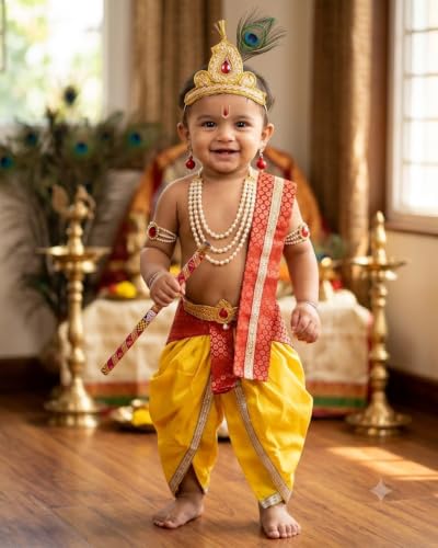 Image of Krishna Dress for Baby Boy Kids Janmashtami Costume | Dhoti & Patka Included, Mukut & Morpankh, Bansuri & Kamarband, Bajuband & Kundal, 8-Piece Set
