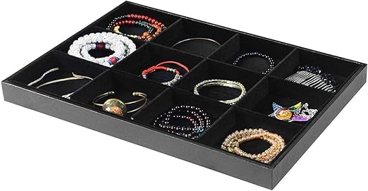 Image of Velvet Jewellry Drawer Organizer Stackable Tray (Black, 12 Grid Black)