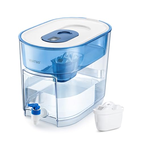 Watus Wasserfilter Spender 9L XXL Wasserspender mit Filter für Kühlschrank & Arbeitsplatte Wasserfilterkanne mit Zapfhahn inkl. 1 Filterkartusche Filtert Verunreinigungen Filterwechselanzeige