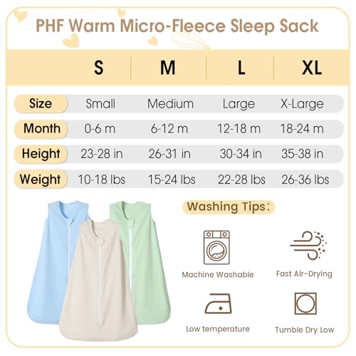 Image of PHF 3 Pack Warm Micro-Fleece Baby Sleep Sack 12-18 Months, Soft Baby Wearable Blanket, 2-Way Zipper Sleeping Bags, Comfy Sleeping Sack for Infant Newborn Boys, Large Size, Oat Milk&Blue&Sage Green