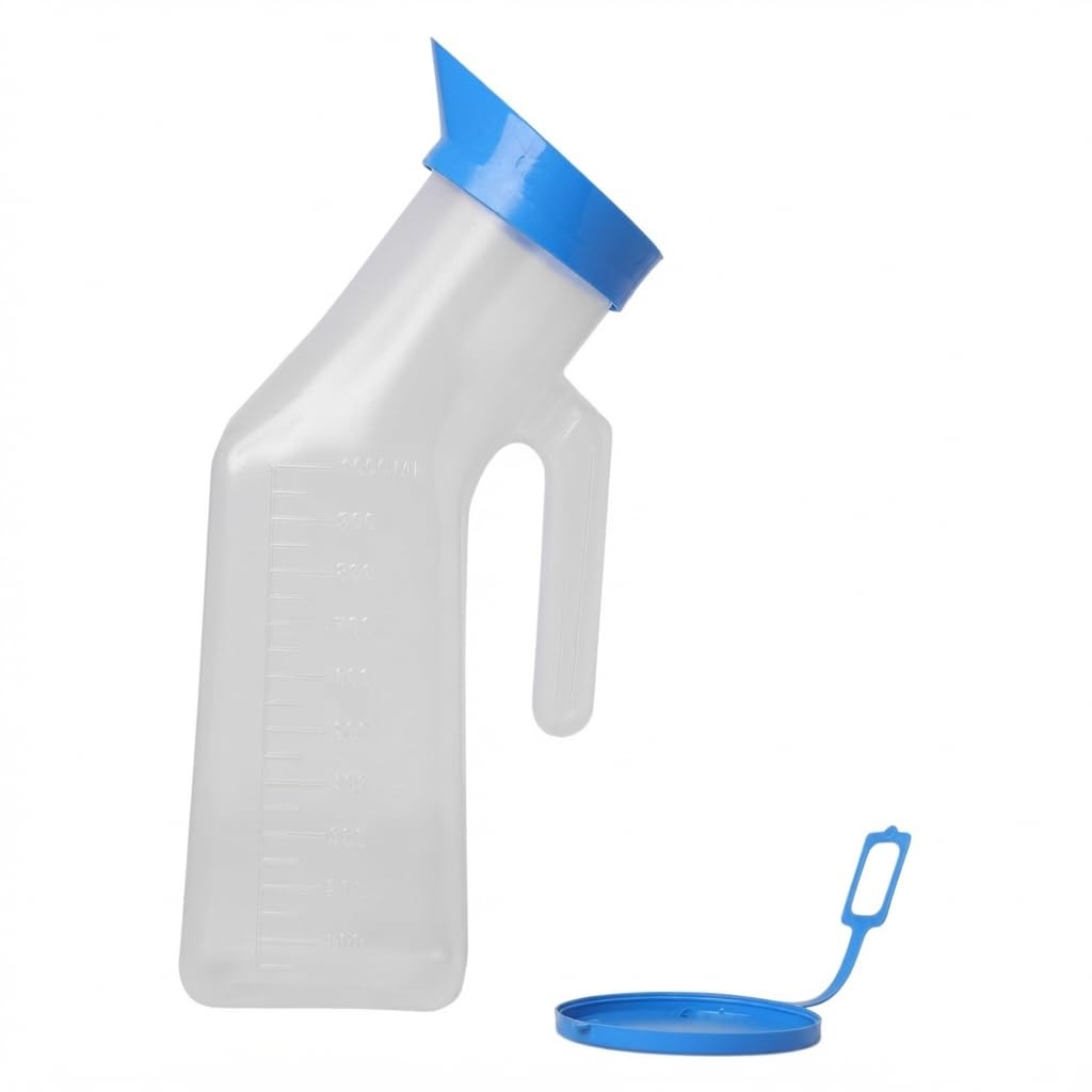 Unisex Urinal Bottle with Lid and Handle, 1000 ml for Men | Reusable polypropylene, molded 100-1000 mL scale, screw cap, pull tab, angled funnel neck, grip handle, bedside and travel-image-20