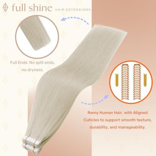 Image of Full Shine Hair Extensions Real Human Hair Tape in, Ice Blonde 24 Inch | 50g 20PCS, Invisible Straight Double Sided Tape in Hair Extensions Natural Comfortable Lived-In Color Add Length