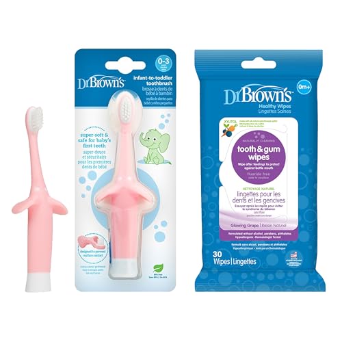 Image of Dr. Brown's Infant-to-Toddler Training Toothbrush, Soft for Baby's First Teeth, Pink Elephant, 0-3 Years & Tooth and Gum Wipes, 30 Count