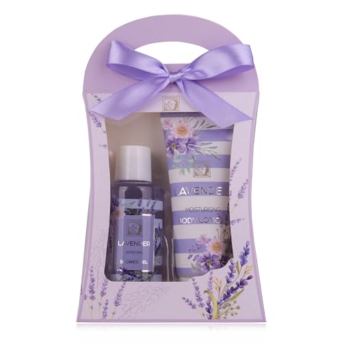 Accentra – Set doccia per donne, set regalo LAVANDA in bella confezione regalo – Set di 2 prodotti per la cura della pelle con docciagel e lozione per il corpo – Set regalo benessere per compleanno
