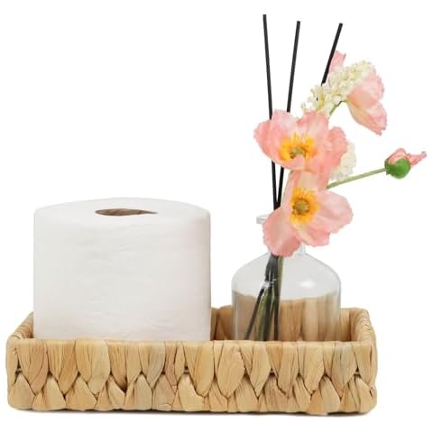 Bathroom Tray Countertop, 10 Inch Water Hyacinth Bathroom Basket, Toilet Tank Bathroom Vanity Tray, Rattan Wicker Tray for Bathroom Decor Coffee Table (Small) Cover