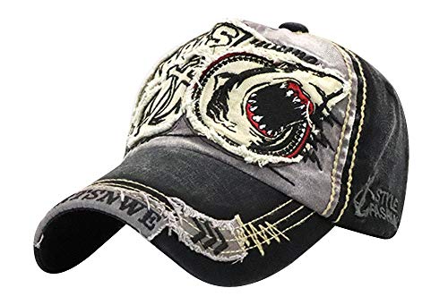 MINAKOLIFE Mens Shark Distressed Vintage Baseball Cap Hat (Black)