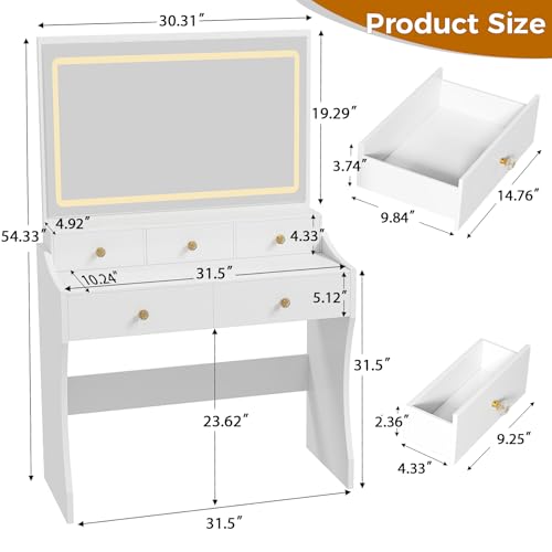 COMHOMA Makeup Vanity Desk with Mirror and Lights, Vanity Table and Chair Set with 5 Drawers and Charging Station, Bedroom Dresser LED Mirror Stepless Dimmable & 3 Color Modes Adjustable, White