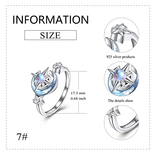 VONALA Fidget Anxiety Rings for Women Sterling Silver Moon Star Adjustable Rings for Anxiety Spinner Ring Stress Relief Rings (Moonstone) - Image 4