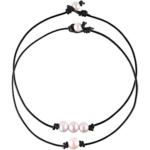 MauSong 2 Pieces Single Freshwater Pearl Necklace and 3 Freshwater Pearl Beads Choker on Black Leather Cord for Women Cover