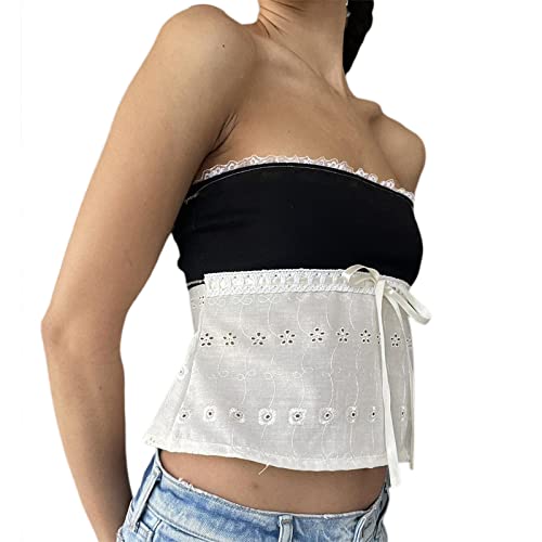 Women Y2K Backless Crop Top Vintage Sexy Tie Up Spaghetti Strap Camisole Top Shirt Summer Mini Vest Slim E-Girl Streetwear (Strapless Black, M) #TOP2