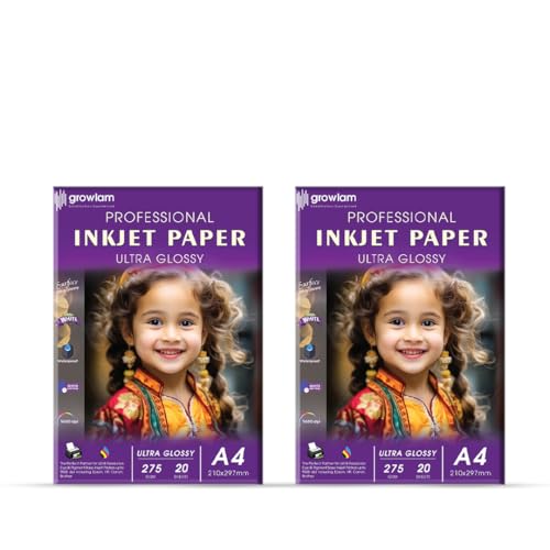 Image of Growlam Ultra Glossy Photo Paper 275 GSM A4 Size, 20 Sheets (Pack of 2) | Resin Coated Surface, Waterproof Technology, Tropical Climate Durability, Realistic Color Reproduction, Stunning Visual Depth