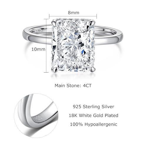 4CT Lab Grown Diamond Ring, Engagement Ring for Women, D Color VVS1 Radiant Cut Solitaire Promise Rings for Her, 18K White Yellow Gold Plated Wedding Band2