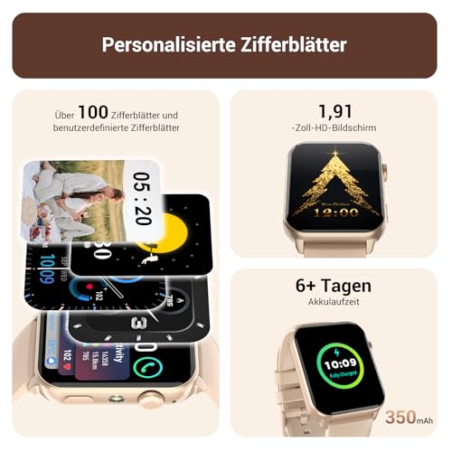 IOWODO Smartwatch Damen Anruf, Taschenlampe, Herzfrequenz, Schrittzähler – Ansicht 3