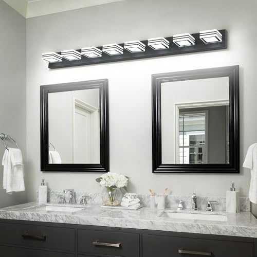 Image of SOLFART 52inch Black Vanity Lights Fixtures - 8 Lights LED Modern Acrylic Matte Black Vanity Lights Bathroom Wall Lighting Over Mirror