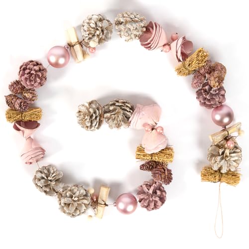 Christmas Garland Pink & White Natural Dried Pine Cone, Wooden Flowers & Baubles Traditional Rustic Style Mantelpiece Windowsill Banister Garland Christmas Décor
