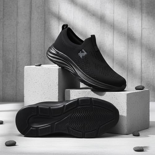Image of Liberty LEAP7X ULTRASTEPE Walking Shoes for Men - Black & Dark Grey Slip-On Sneakers | Memory Foam Cushioned Insole, Lightweight Knit-Mesh Shoes for Daily Walking, Commute, College & Casual Wear