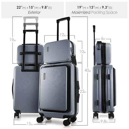 Image of 20 Inch Carry On Luggage 22x14x9 Airline Approved, Carry On Suitcase with Wheels, Hard-shell Carry-on Luggage, Durable Luggage Carry-On, Grey Small Suitcase with Cosmetic Case