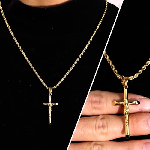 ALEXCRAFT Sterling Silver Plated Cross Necklace for Men Gold Plated Cross Necklaces for Women Trendy Stainless Steel Crucifix Pendant with 3mm 21inch Rope Chain2