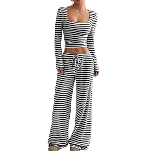 Womens Striped 2 Piece Sets Square Neck Top Cropped Tunic