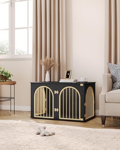 Hzuaneri Hundekäfig Möbel, 100cm Hundebox für Zuhause, 3 Türen, Bogentür, Moderne Hundebox Indoor für Hunde, Beistelltisch, Hundekäfig Hochbelastbar, 100 x 60 x 63 cm, Schwarzes Gold DFC84104A