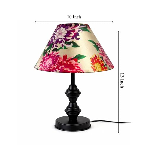 Image of tu casa Modern Table Lamp with Crimson Floral Satin Shade | Metal Iron Base Decorative lamp for Living Room| Study & Home Decor, Designer Table Lamp for Gifting (Crimson Floral)