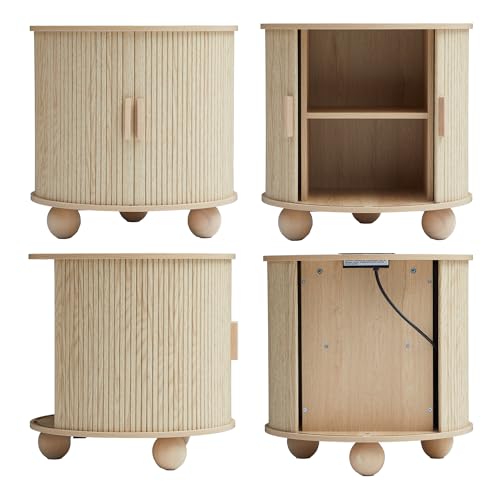 Image of 24 inch Fluted Round Nightstand Set of 2, Mid-Century Large Wooden End Table with Charging Station, Farmhouse Storage Side Table with Sliding Door for Bedroom Living Room (2XRound, Natural)