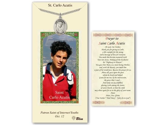 VILLAGE GIFT IMPORTERS St Carlo Acutis Pewter medal on a 24 Inch Heavy crub chain with a Prayer card to Carlo Acutis3