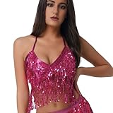 Wuchieal Women's Belly Dance Costume Sequin Bra Tassel Top with Chest Party Club Wear Bra Top (Dark Pink)