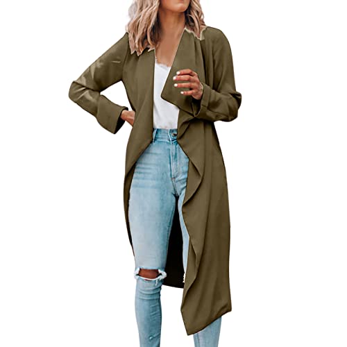 Chaqueta de color sólido para mujer, de manga larga, con solapa, longitud media, cortavientos, ligera, para mujer, caqui, S