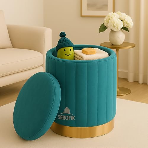 Image of Ottoman Stool with Storage, Round Dutch Velvet Cover Memory Foam Padded 32L Capacity Ottoman Bench Footrest, Pouffe, Office Stool, Makeup Chair, Vanity Chair for Living Room, Bedroom