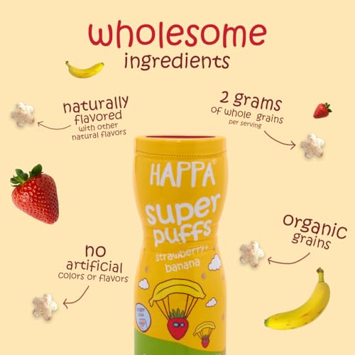 Image of Happa Organic Multigrain Melts Teething Super Puffs (Healthy Organic Snack for Little One, 8 Months+) Apple & Cinammon + Strawberry & Banana + Vanilla & Blueberry (Pack of 3)