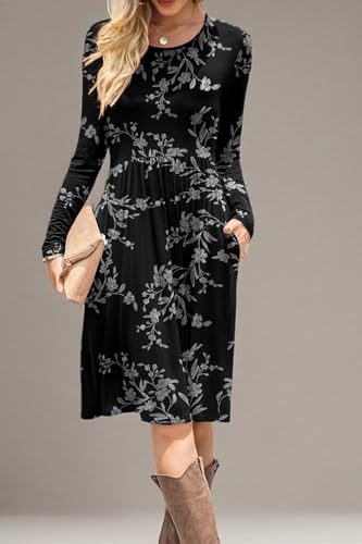 Image of DB MOON Women Casual Long Sleeve Dresses Empire Waist Knee Length Loose Dress with Pockets