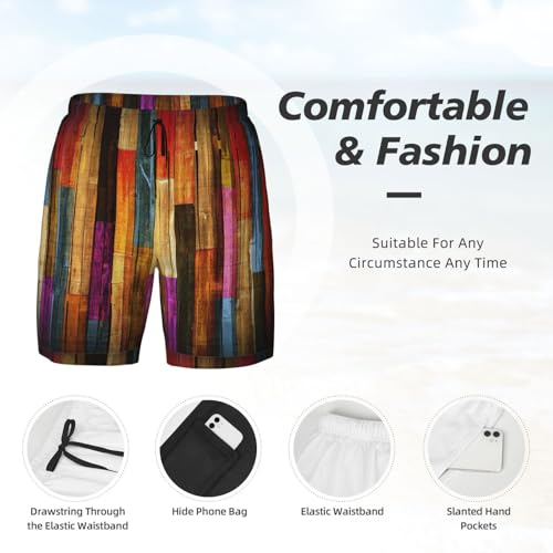 Men's Colorful Painted Wood Print Quick-Dry Mesh Swim Trunks Stretch Lining Beach Shorts Surfing Summer Vacations4
