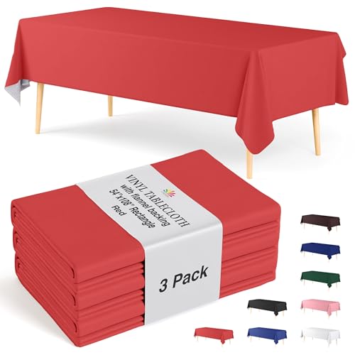 Exquisite Red Vinyl Tablecloths - 54 in. X 108 in. - Pack of 3 Rectangle Tablecloth with Flannel Backing - Plastic, Reusable & Waterproof
