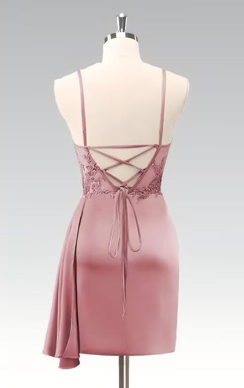 Miao Duo Spaghetti Strap Short Tight Homecoming Dresses 2025 Lace Satin Cocktail Party Dress with Wrap Train YZTS2722