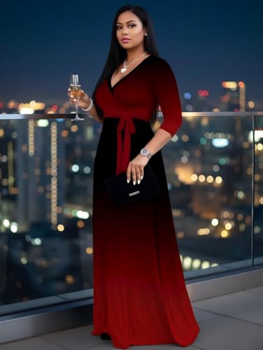 Image of PinkPatty Women's Plus Size Maxi Dresses Casual Flowy 3 /4 Sleeves Dress Printed Vacation Dress for Daily Wear with Belt