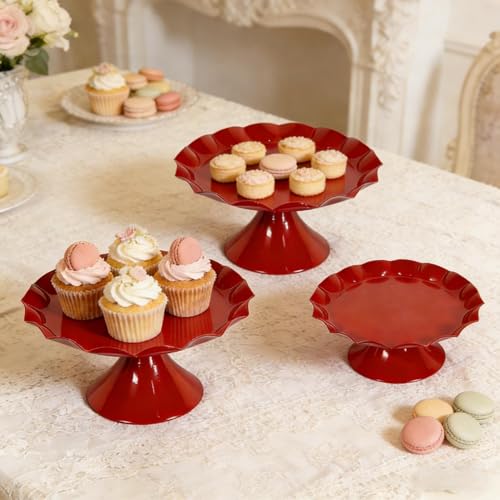 CBBZJY 3 Pcs Red Metal Cupcake Stand Scalloped Edge Dessert Display Tray