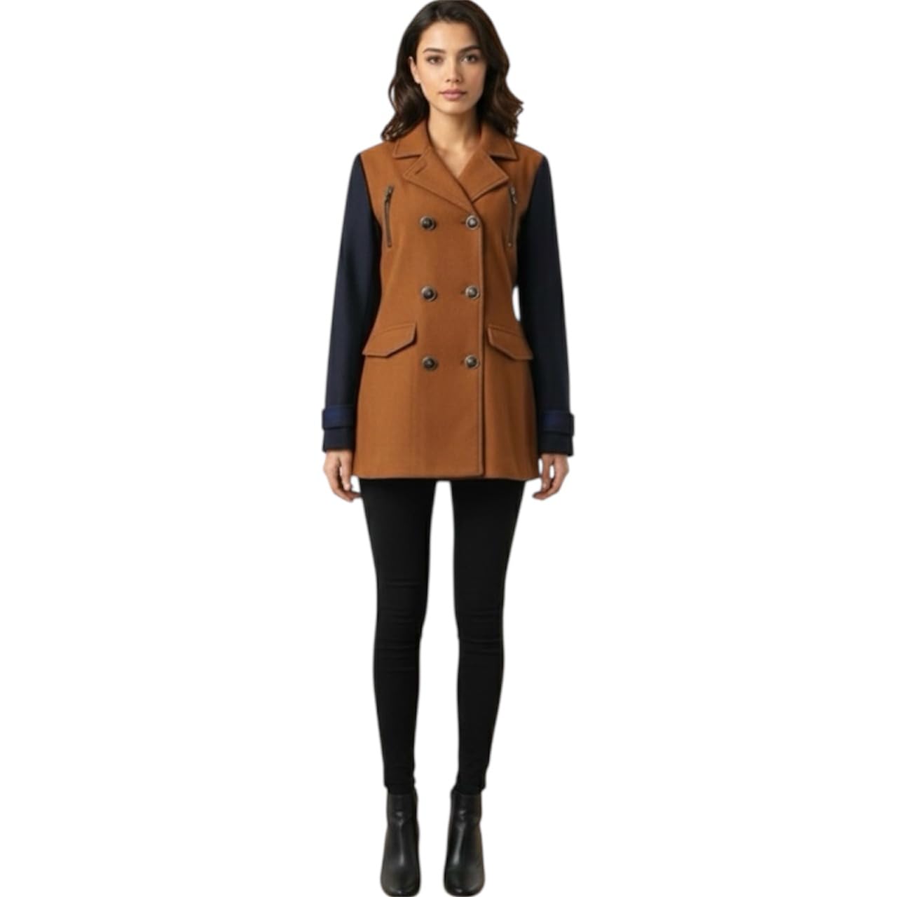 Women's Double Breasted Wool Coat L Brown Navy Long Sleeve Formal Winter Jacket Warm-picture-33