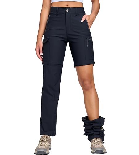Oalka Women's Cargo Convertible Hiking Pants Zip Off Pockets Black L