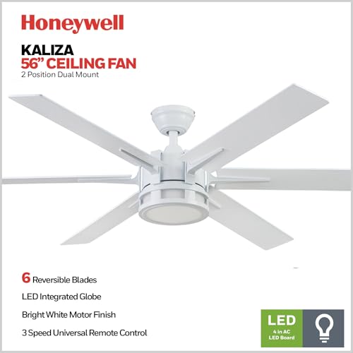 Honeywell Ceiling Fans Kaliza Modern 56 Inch Ceiling Fan with Light, Remote Control Fan, LED Indoor Fan with 6 Blades, Gray Wash and White Blade Finish Options, White (51477-01) - image 2