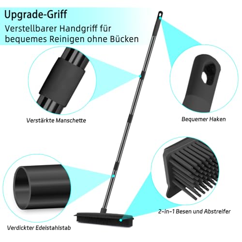 2 in 1 Gummibesen mit Stiel, 156cm Langen Stiel Besen zum Entfernen von Tiere Katzen Hunde Haare Teppichbürste Bodenbürste Kehrbesen für Innen- und Außenbereich Schrubbe (Schwarze Fellentfernung) – Bild 6