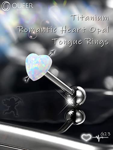 OUFER Titanium Tongue Rings - Heart Piercing Jewelry with White Opal2
