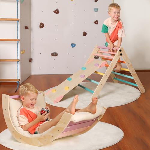 Image of Yopnoyik Pikler Triangle Set with Cushion Large, 5 in 1 Toddler Climbing Toys Indoor, Montessori Foldable Climbing Set for Kids, Wooden Playground Jungle Gym with Ramp, Arch and Ladder (Color-B)