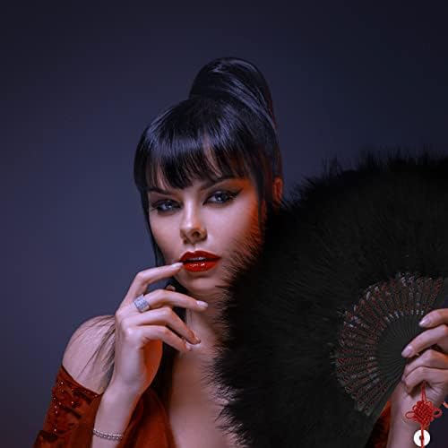 MWOOT 1920s Vintage Style Folding Handheld Feather Fan, Flapper Hand Fan for Costume Halloween Dancing Wedding Party Prom Tea Party Variety Show - Black