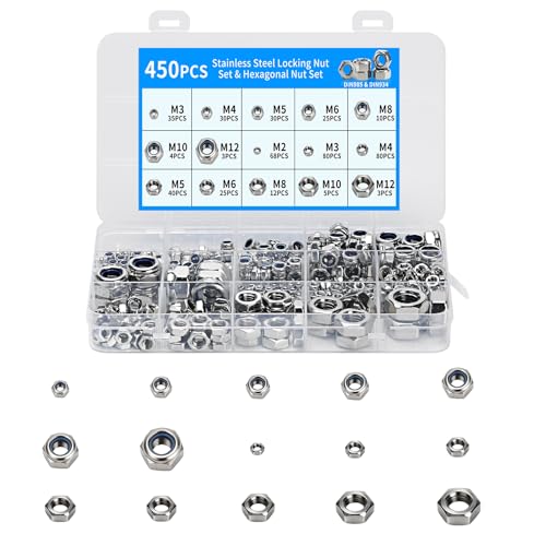 450 Pcs Écrous Hexagonaux: Écrous Autobloquants en Acier Inoxydable avec Insert en Nylon & Ecrou pour Boulon, Écrou pour Vis et Boulons, M2 M3 M4 M5 M6 M8 M10 M12