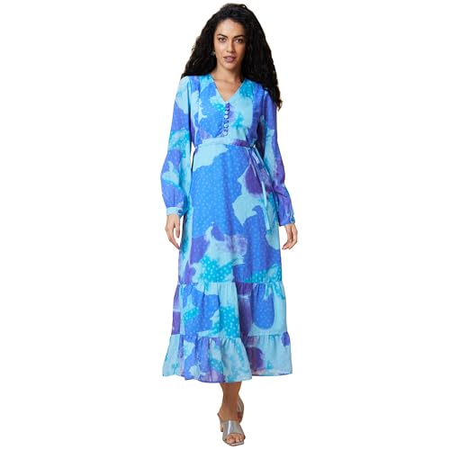 Image of Globus Women Pink Abstract Print V-Neck Casual Tie-Up Fit and Flare Tiered Maxi Dress-3639580001