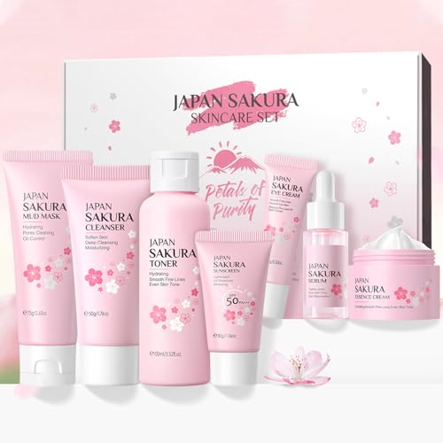 Skin Care Set JAPAN-SAKURA Women Beauty Gift Sets Skin Care Kit, Self-Care Skincare Set: Cleanser,Toner,Serum,Cream,Mud Mask,Eye Cream,Sunscreen, Facial Kit for Women Teen Girls Mom Daughter 7pcs