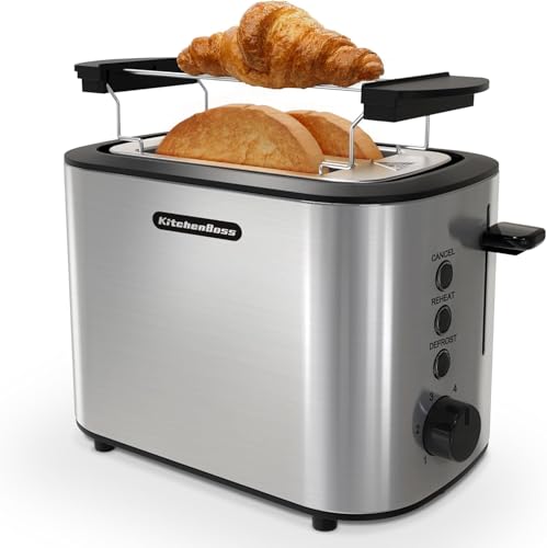 KitchenBoss Tostadora con 2 Rebanadas de 870 W: Tostadora de Acero Inoxidable con Accesorio para Panecillos y Bandeja Recogemigas, 6 Niveles de Tostado