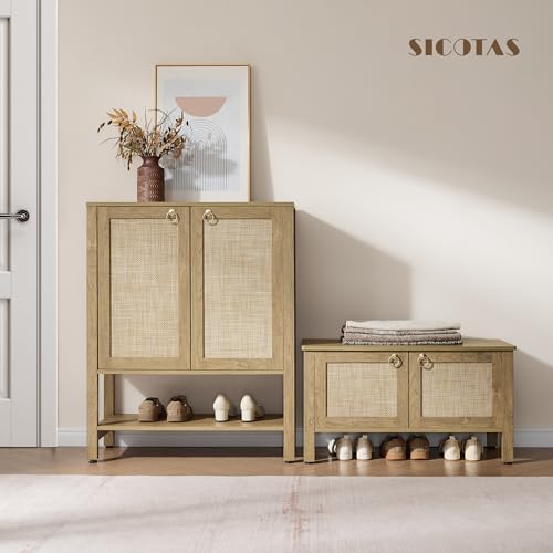 Image of SICOTAS Shoe Storage Cabinet for Entryway - 5 Tier Rattan Entry Shoe Organizer Cabinet with Shelves & Doors, 2 Pieces Farmhouse Boho Shoe Rack for Hallway, Living Room, Closet (Carbon Cherry)